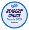 A circular badge reading "Scary Mommy Readers' Choice Awards 2025 Nominee" in blue and dark blue text on a light background.