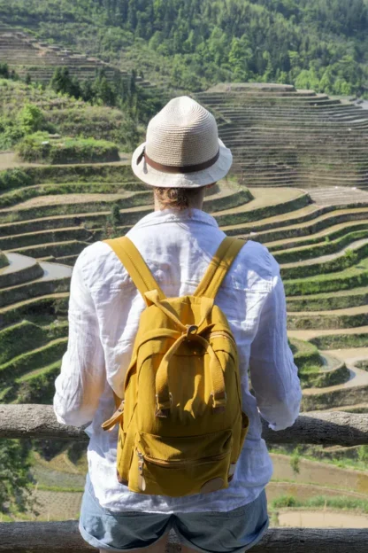 A person with a yellow backpack and hat stands at a wooden fence, overlooking green terraced rice fields on a hillside.