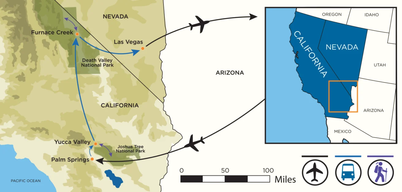 Map showing flight routes between Palm Springs, Yucca Valley, Furnace Creek, and Las Vegas, with an inset map highlighting the region in California and Nevada. Travel icons are included.