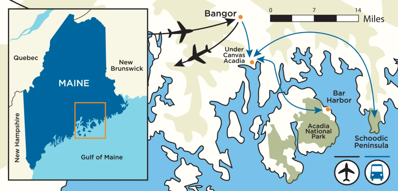 Map showing flight paths to Bangor, Maine, and routes to Bar Harbor, Acadia National Park, and Schoodic Peninsula, with a highlighted area in the Gulf of Maine.