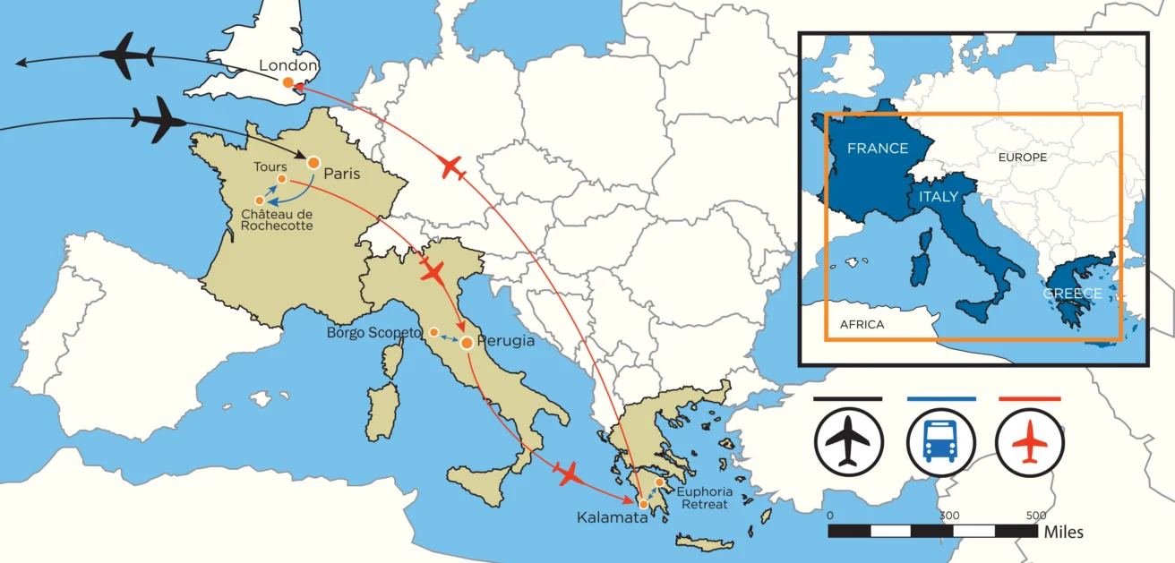 Map showing flight and train routes from London to locations in France, Italy, and Greece, with stops marked in Tours, Paris, Perugia, and Kalamata; includes inset map for context.