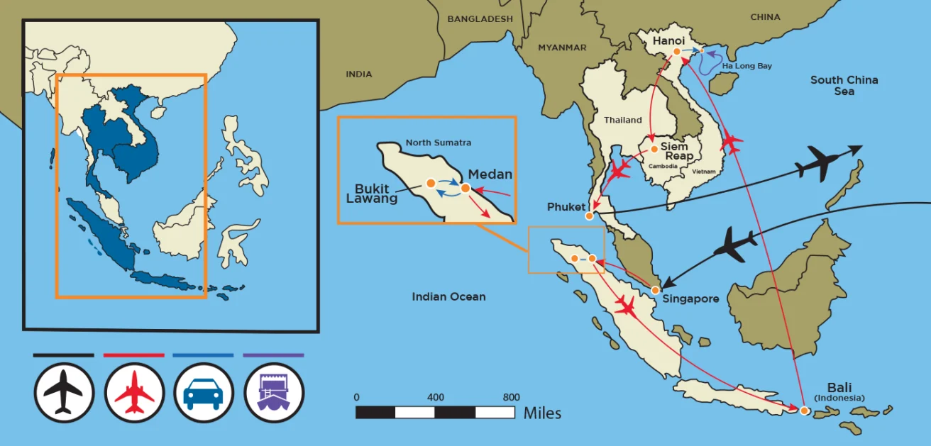 Map showing travel routes across Southeast Asia with symbols for airplane, bus, and ferry covering cities in Vietnam, Thailand, Cambodia, Malaysia, Singapore, and Indonesia. Insets highlight Sumatra.