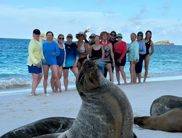 A group of women poses for a photo on a sandy beach near the ocean, while a sea lion sits in the foreground facing the camera.
